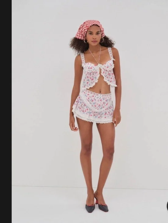 For Love & Lemons Ditsy Day Ruffled Bra Top/Mini Skirt NWT- XL-Red/White/Blue - Picture 5 of 15